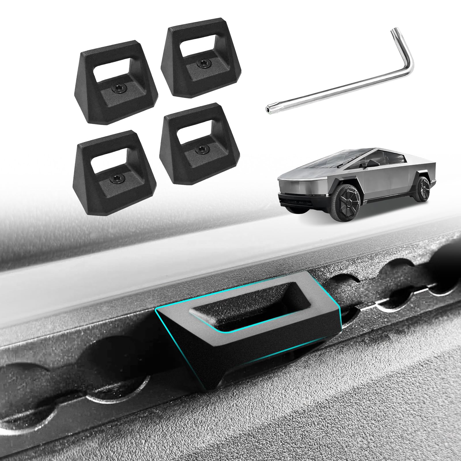 BestEvMod cyber hooks on bed rail for secure L-Track attachments.