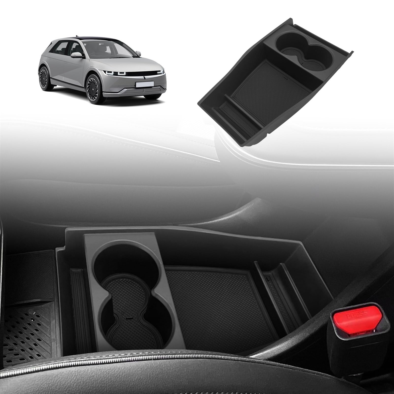BestEvMod Ioniq5 lower center console organizer with cup holder tray keeps essentials in reach.