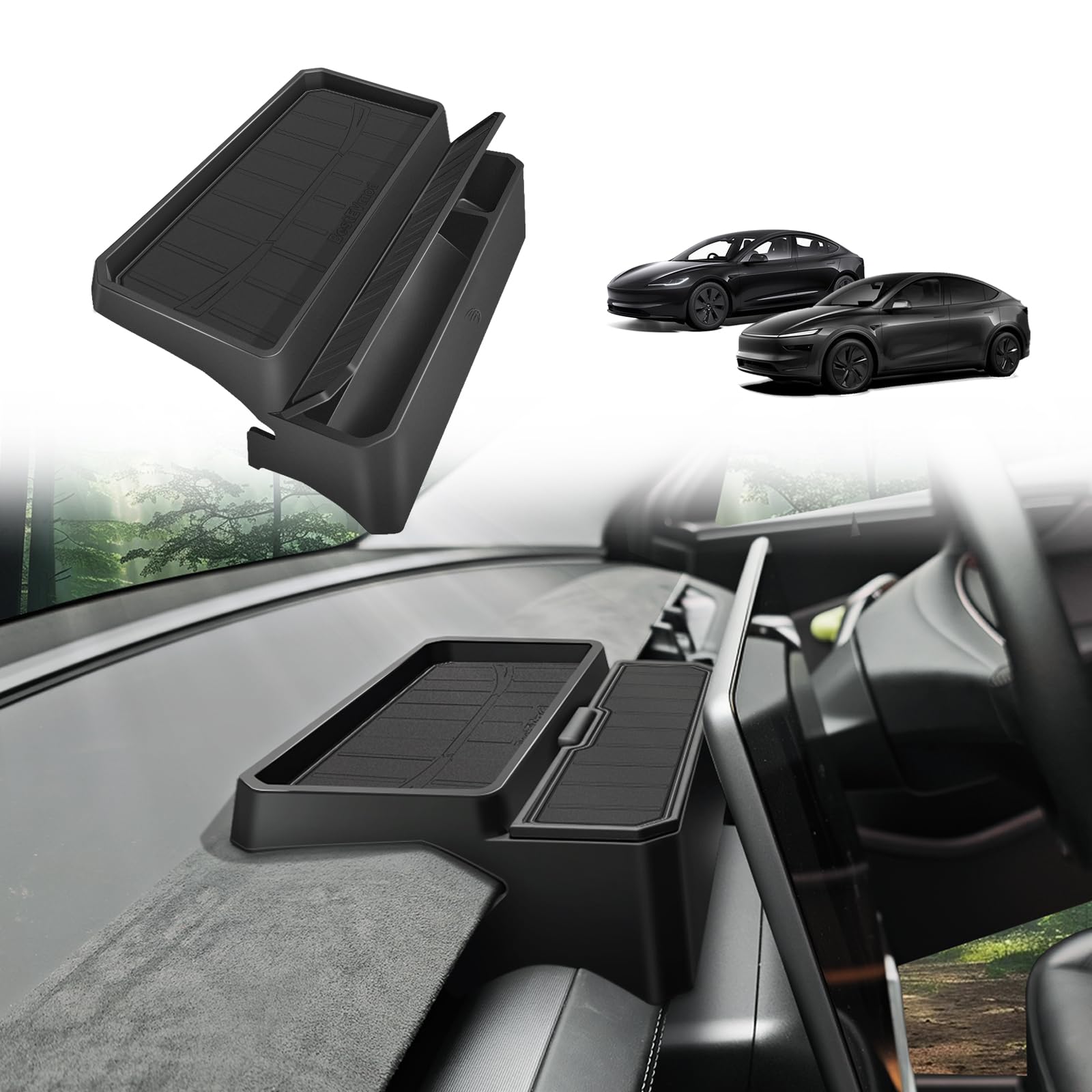 BestEvMod sunglasses holder on Model Y dash for quick access