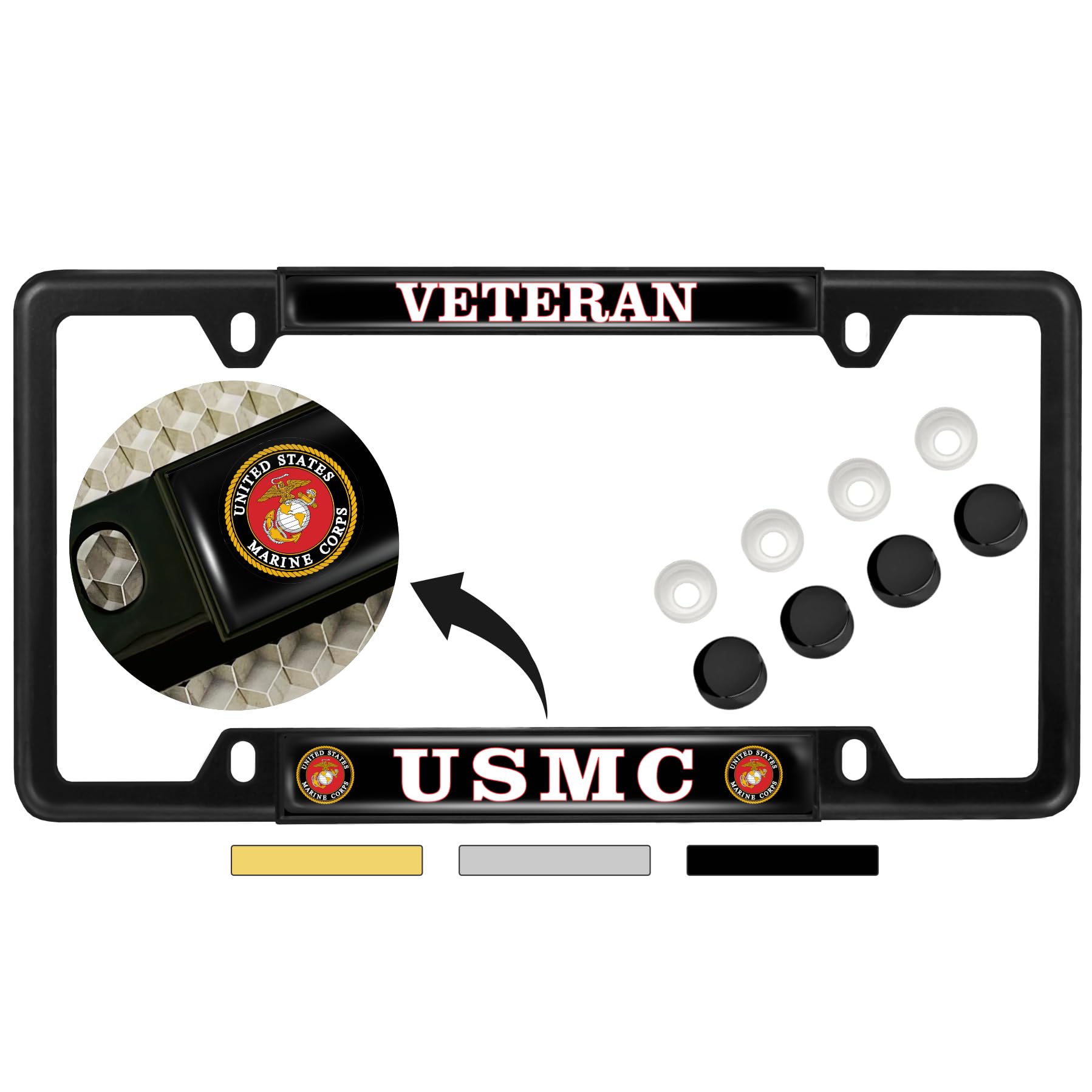 BestLicensePlateFrames USMC domed frame front view highlighting durable black metal finish