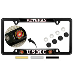 BestLicensePlateFrames USMC domed frame front view highlighting durable black metal finish