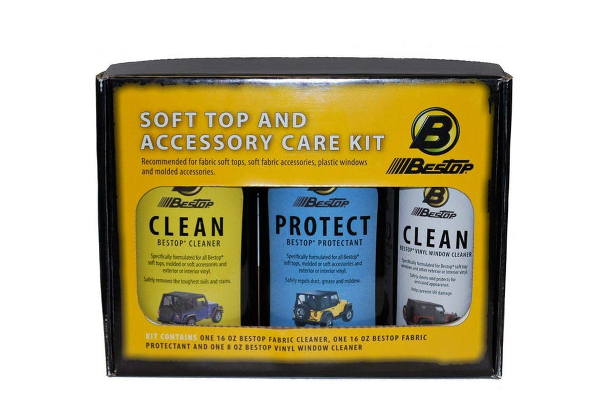 Bestop Vinyl Care Kit box front for vinyl tops, keeping surfaces clean and protected.