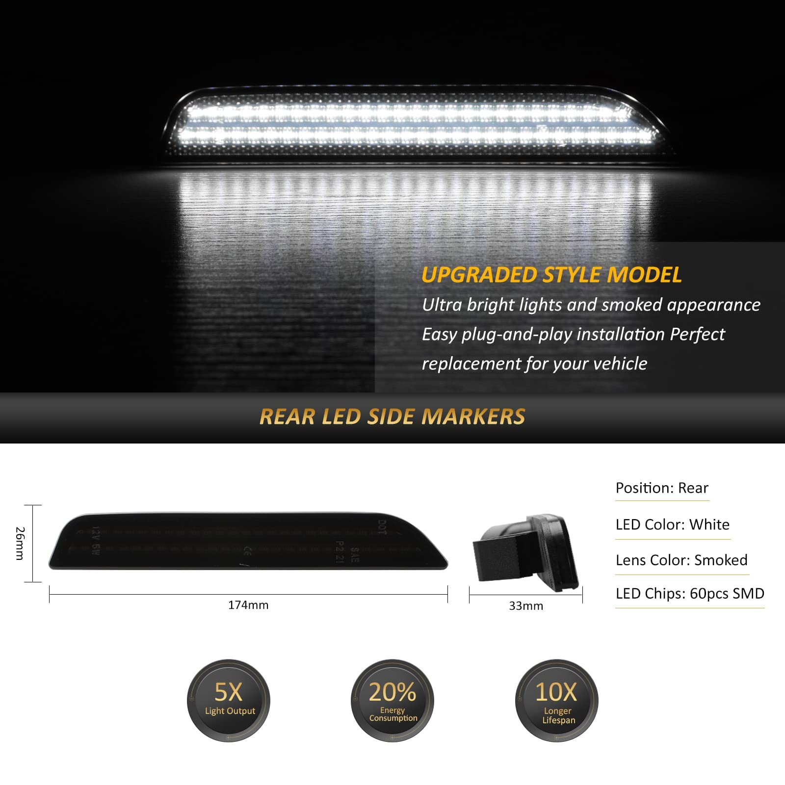 Bestview LED rear left smoked side marker for Mustang