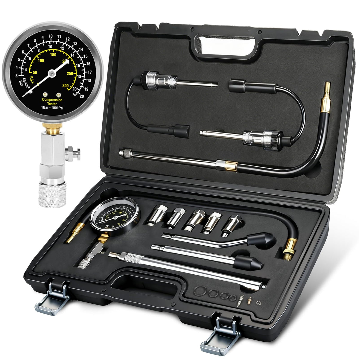 BETOOLL 13pc compression tester kit front view for versatile engine testing