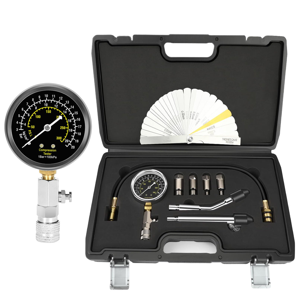 BETOOLL compression gauge in action displaying 0-300 psi for petrol engine testing.