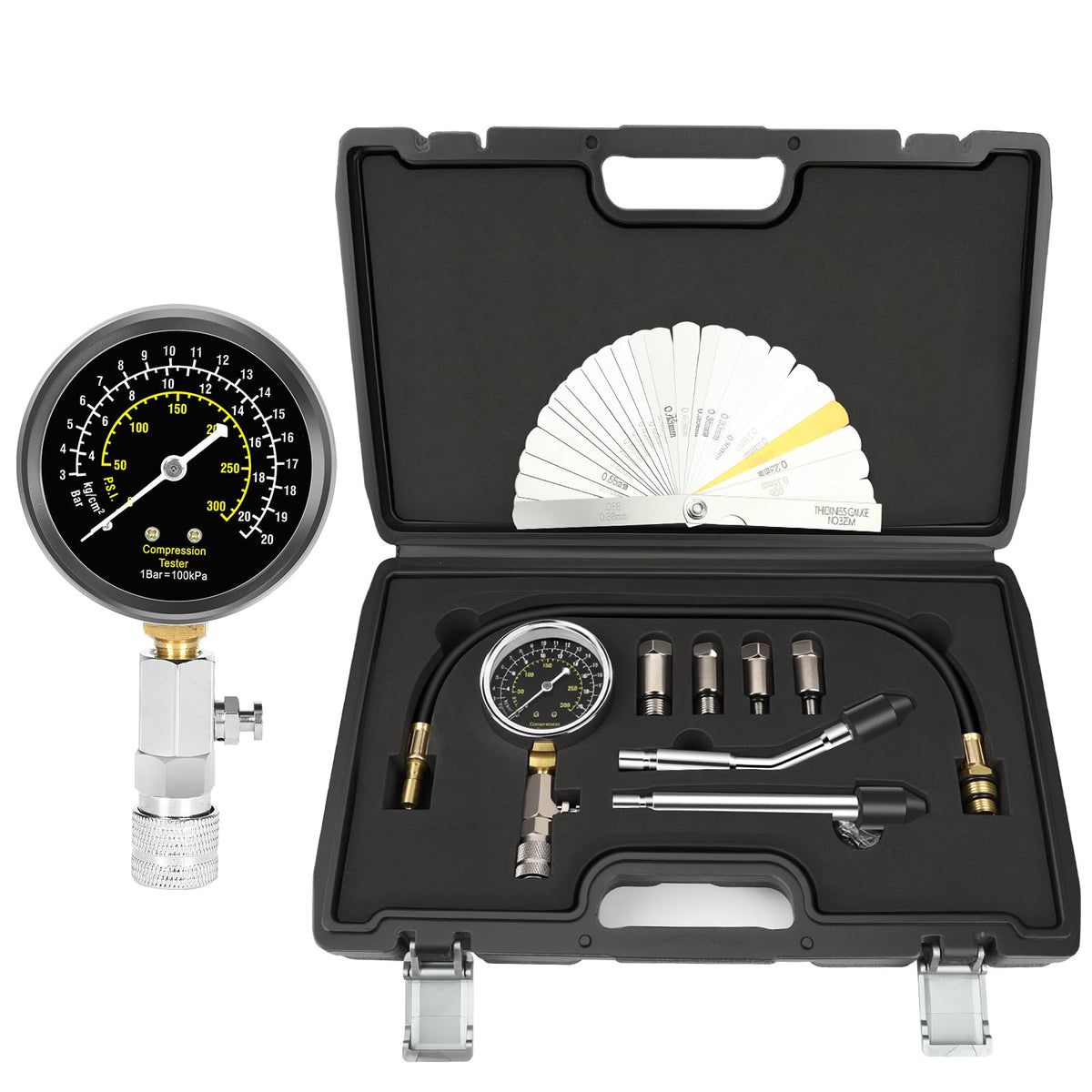 BETOOLL compression gauge in action displaying 0-300 psi for petrol engine testing.