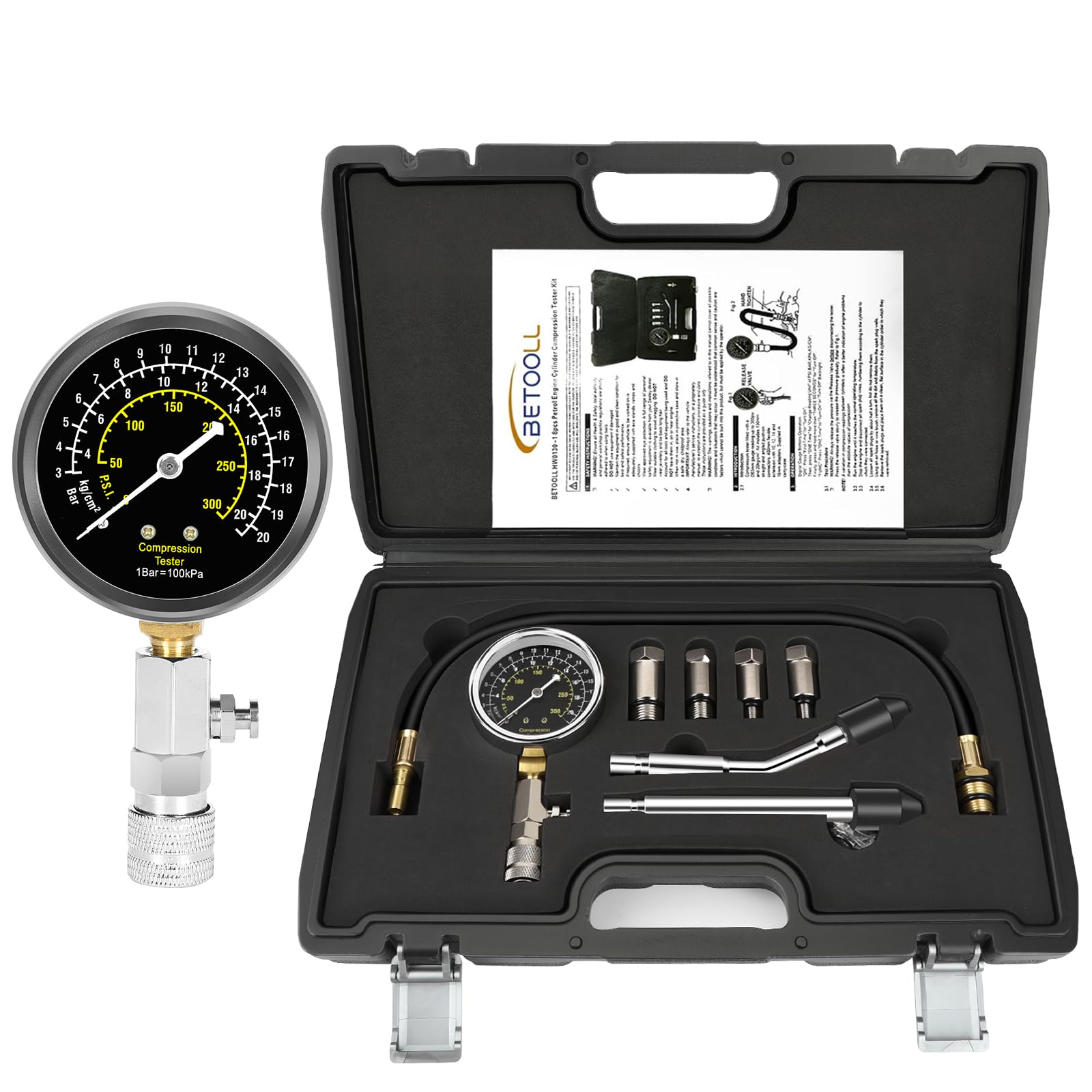 BETOOLL compression tester kit assembly with hoses and adapters for quick engine diagnostics.
