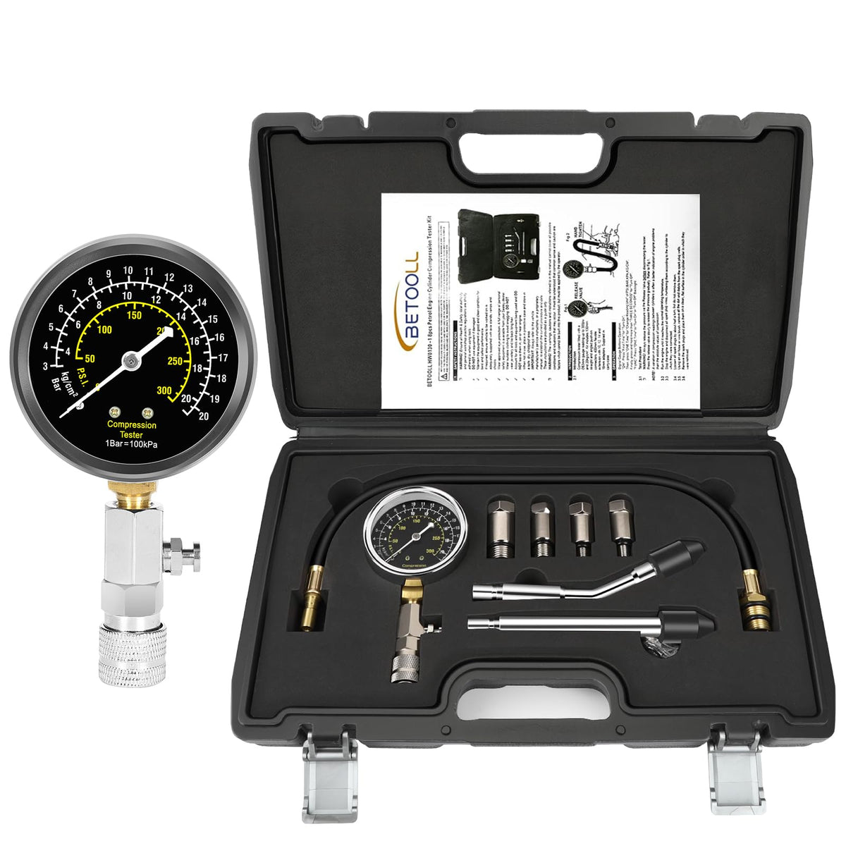 BETOOLL compression tester kit assembly with hoses and adapters for quick engine diagnostics.