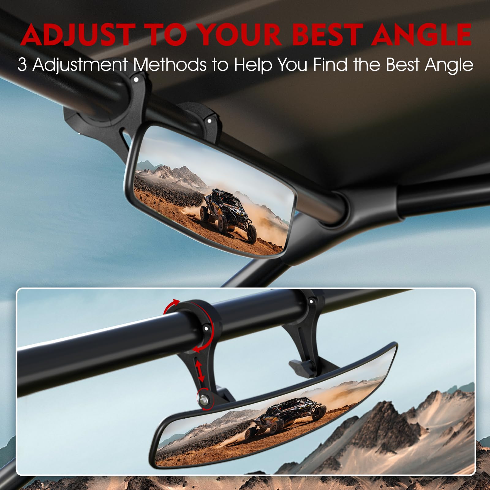 BETOOLL convex rear-view mirror minimizes blind spots on rugged trails.
