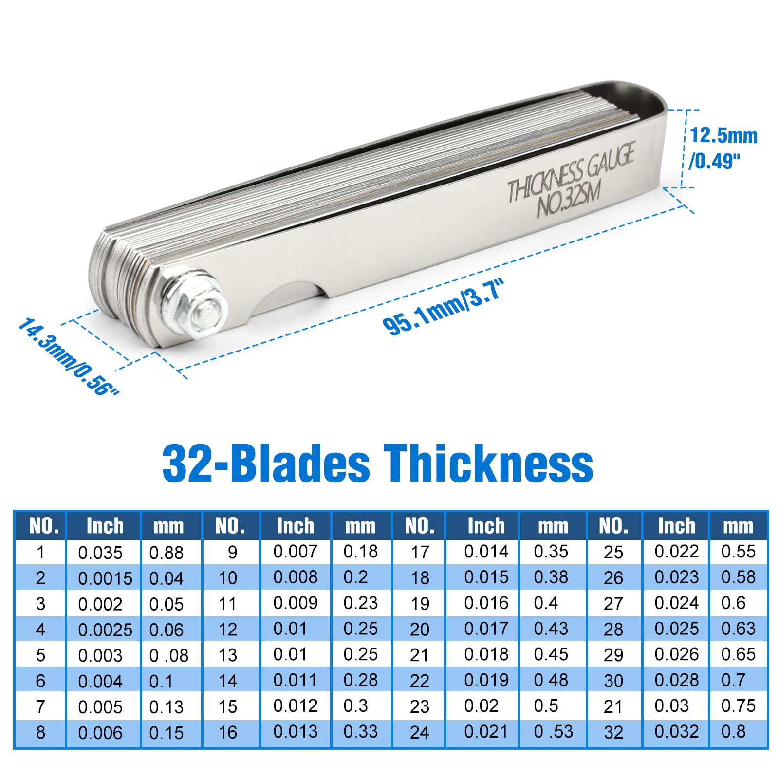 BETOOLL feeler gauge with metric sizes laser etched for precise clearances.