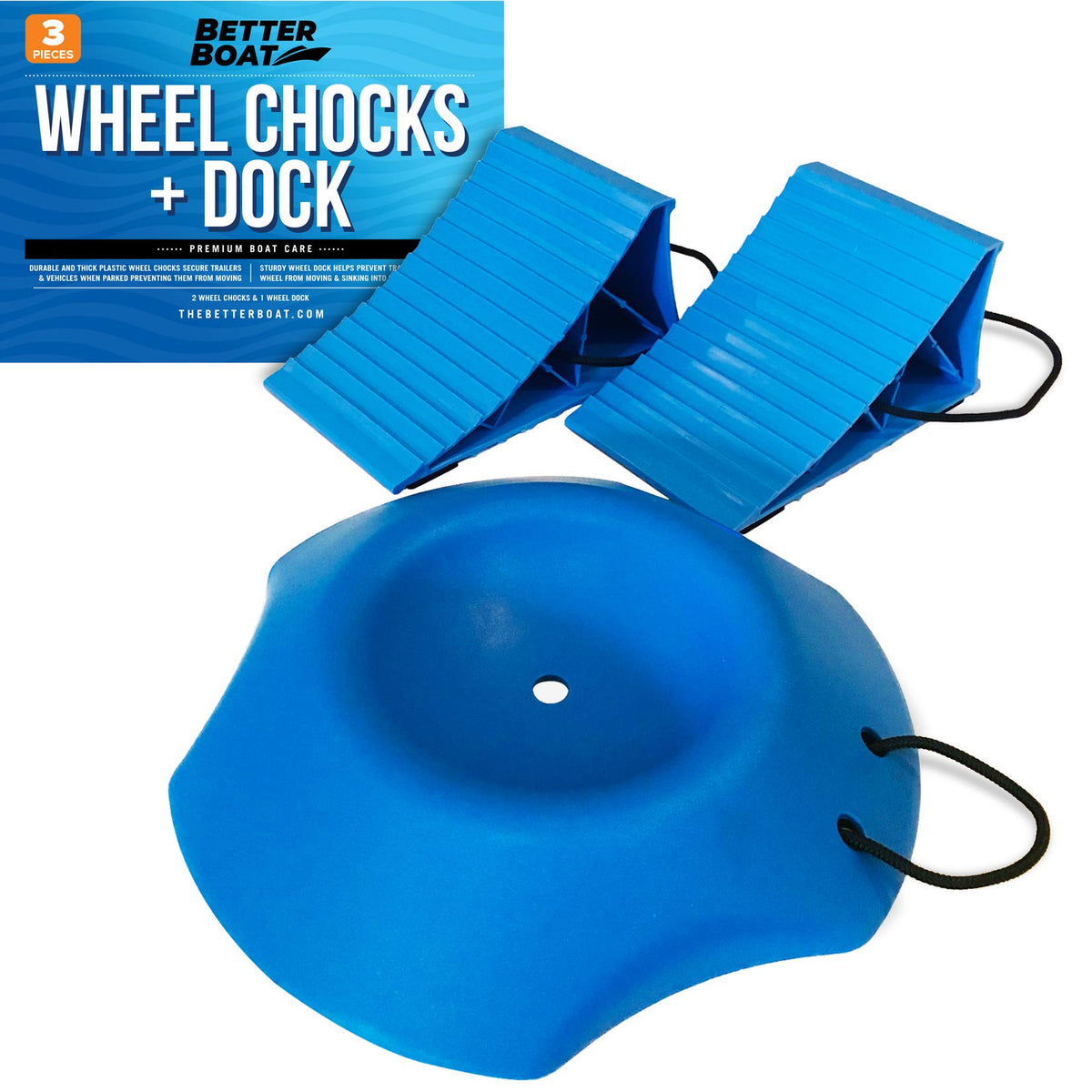 Better Boat 2 Trailer Wheel Chocks with Rope and Wheel Dock – side view stabilizing a trailer