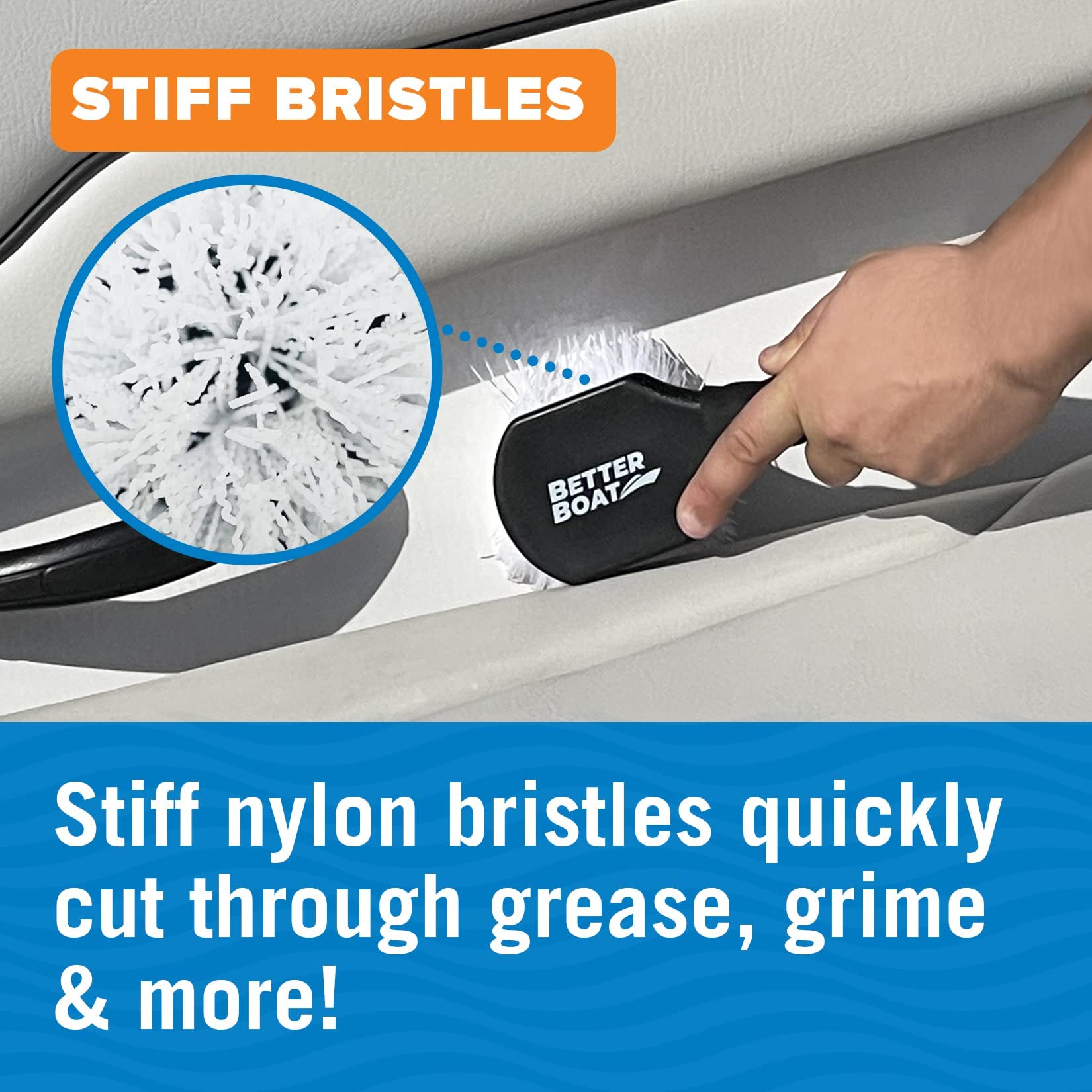 Better Boat hang-hole storage brush stays organized between tasks.