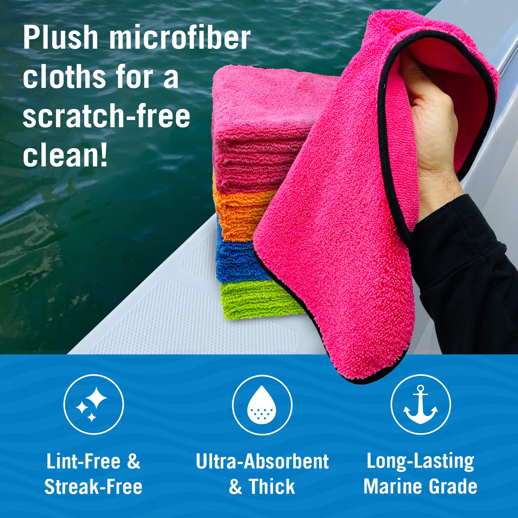 Better Boat plush thick microfiber cloths with silk edges protect surfaces during drying