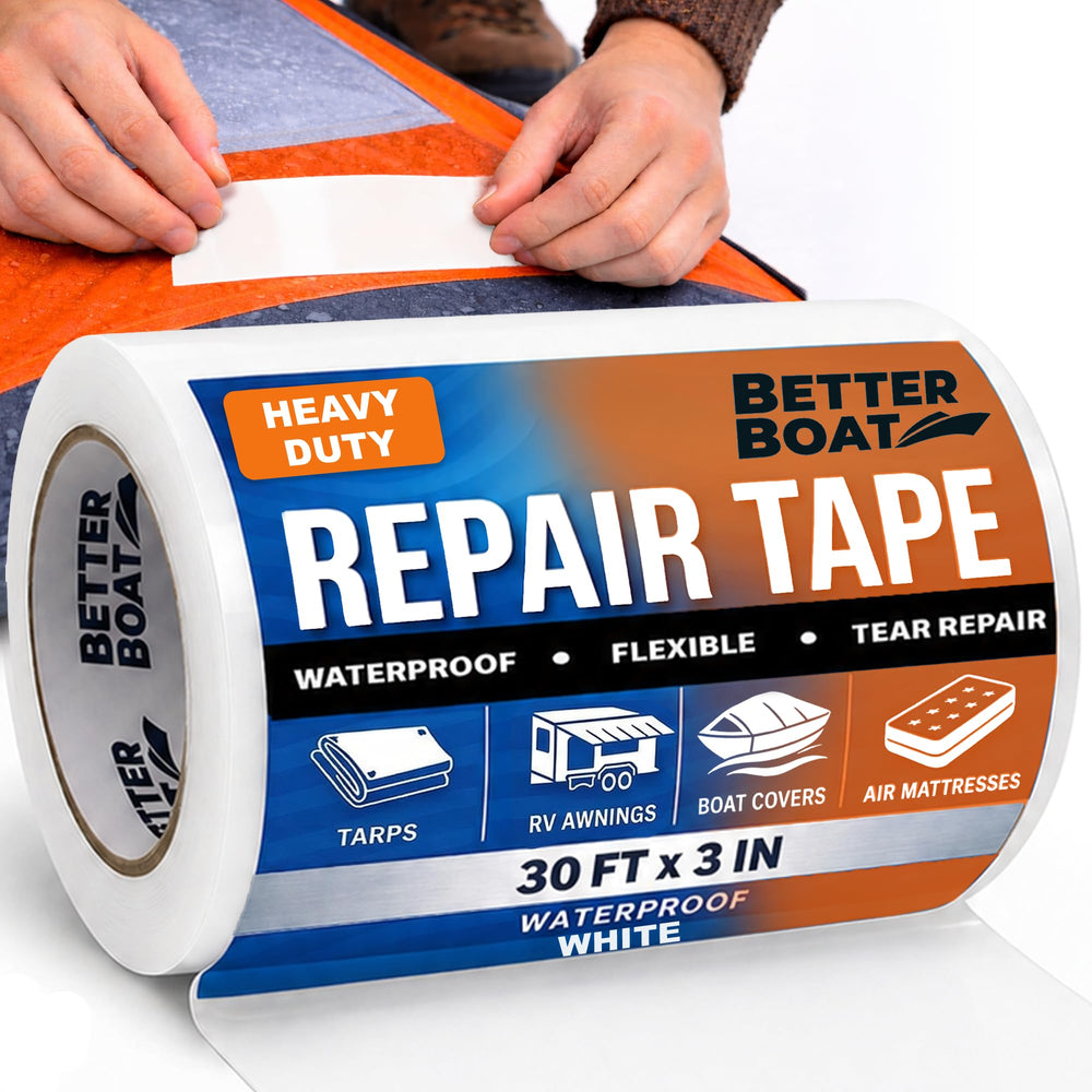 Better Boat repair tape on white awning seam showing a discreet patch