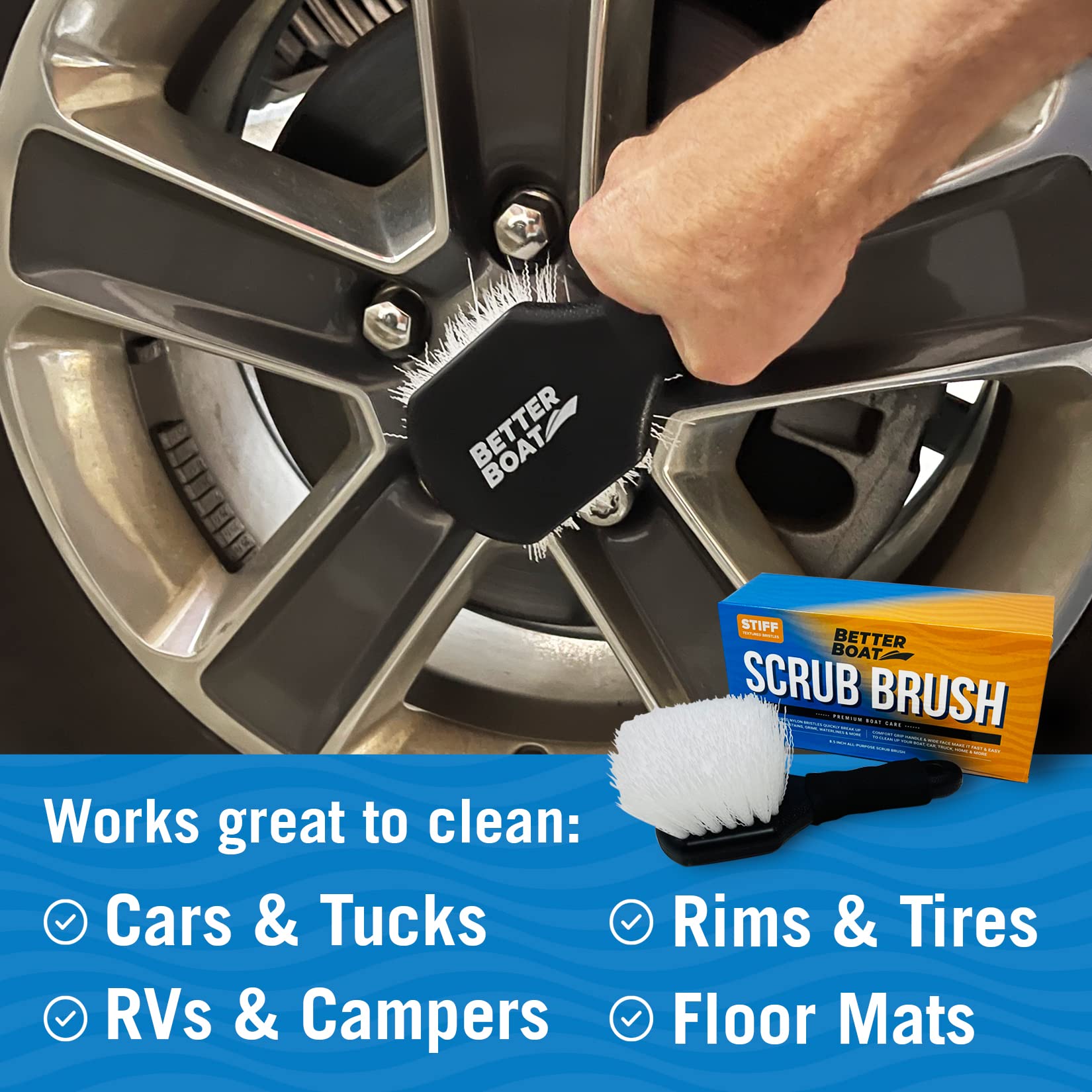 Better Boat short-handle cleaning brush provides comfortable grip for extended scrubbing.
