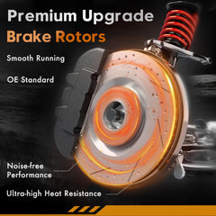 Betthand vented-slotted-drilled rotors dissipate heat for consistent braking.