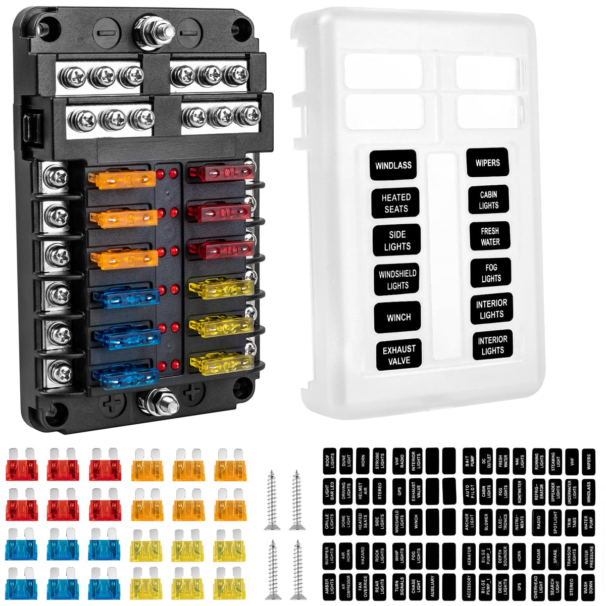 BetyBedy 12-way fuse block with LED indicator aids quick fuse checks.