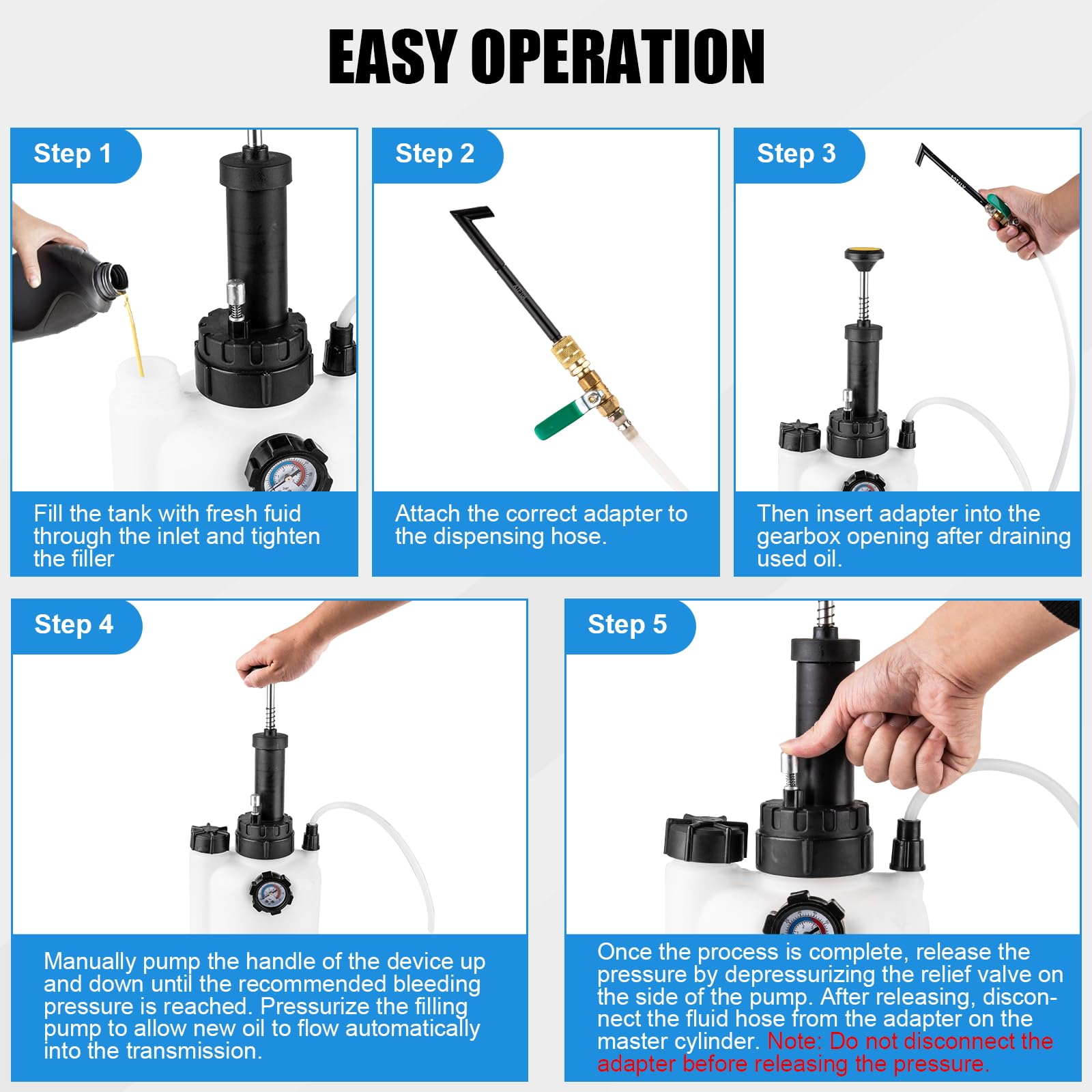 BetyBedy long 35-inch hose ready to reach reservoir and drain plug