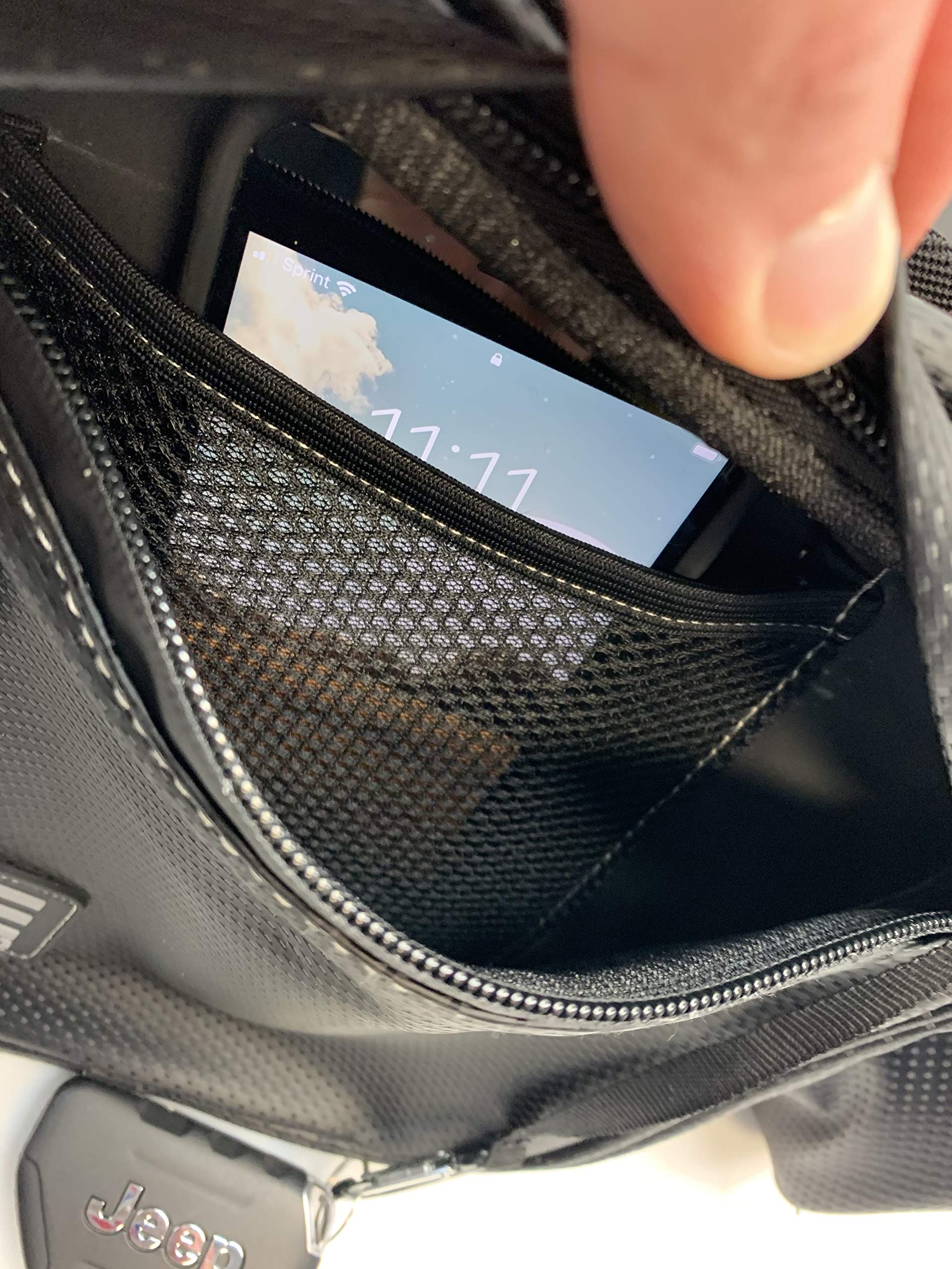 Bevel Engineering inner storage pocket keeps small items organized during rides