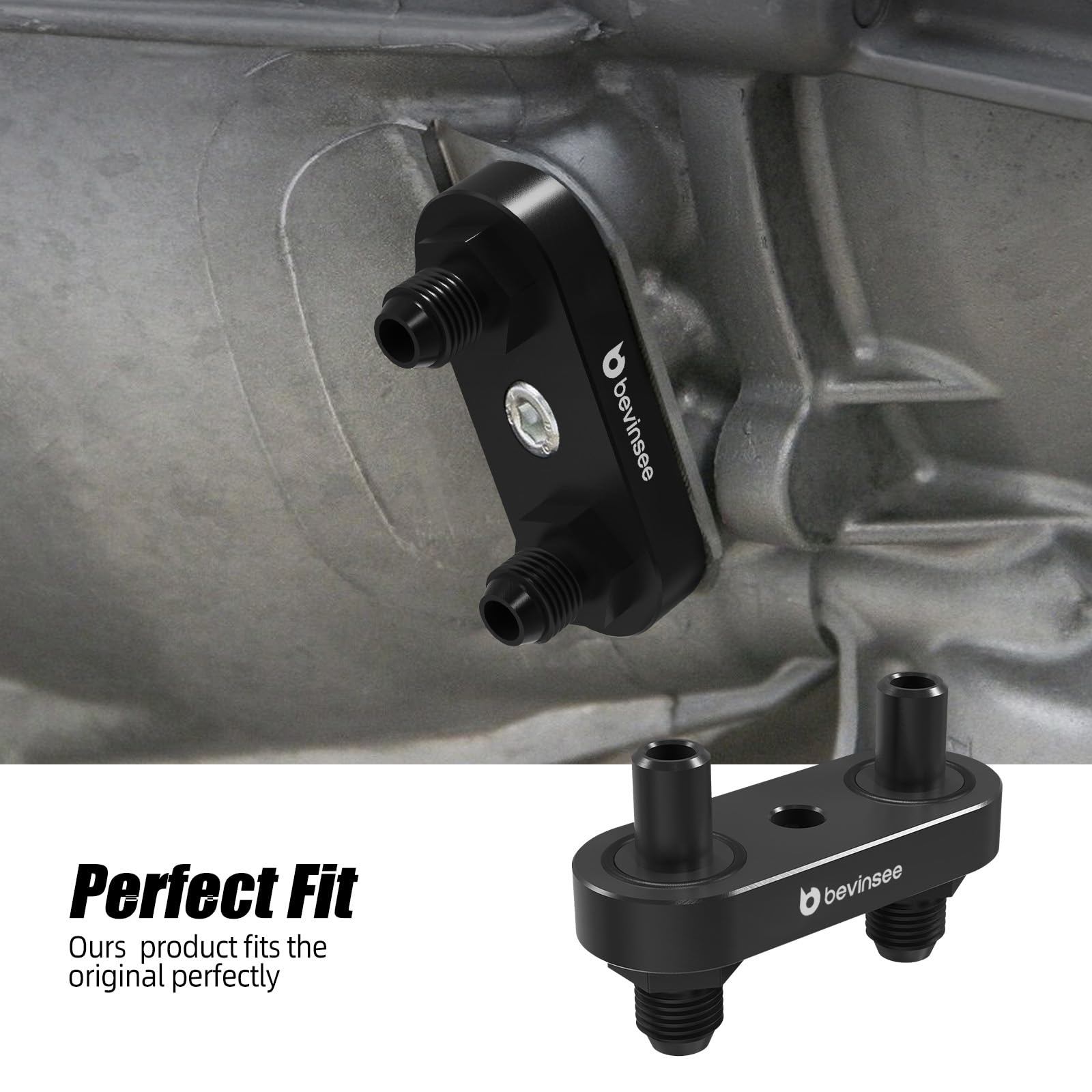 Bevinsee 6AN fittings and gasket assembly for quick, secure connections.