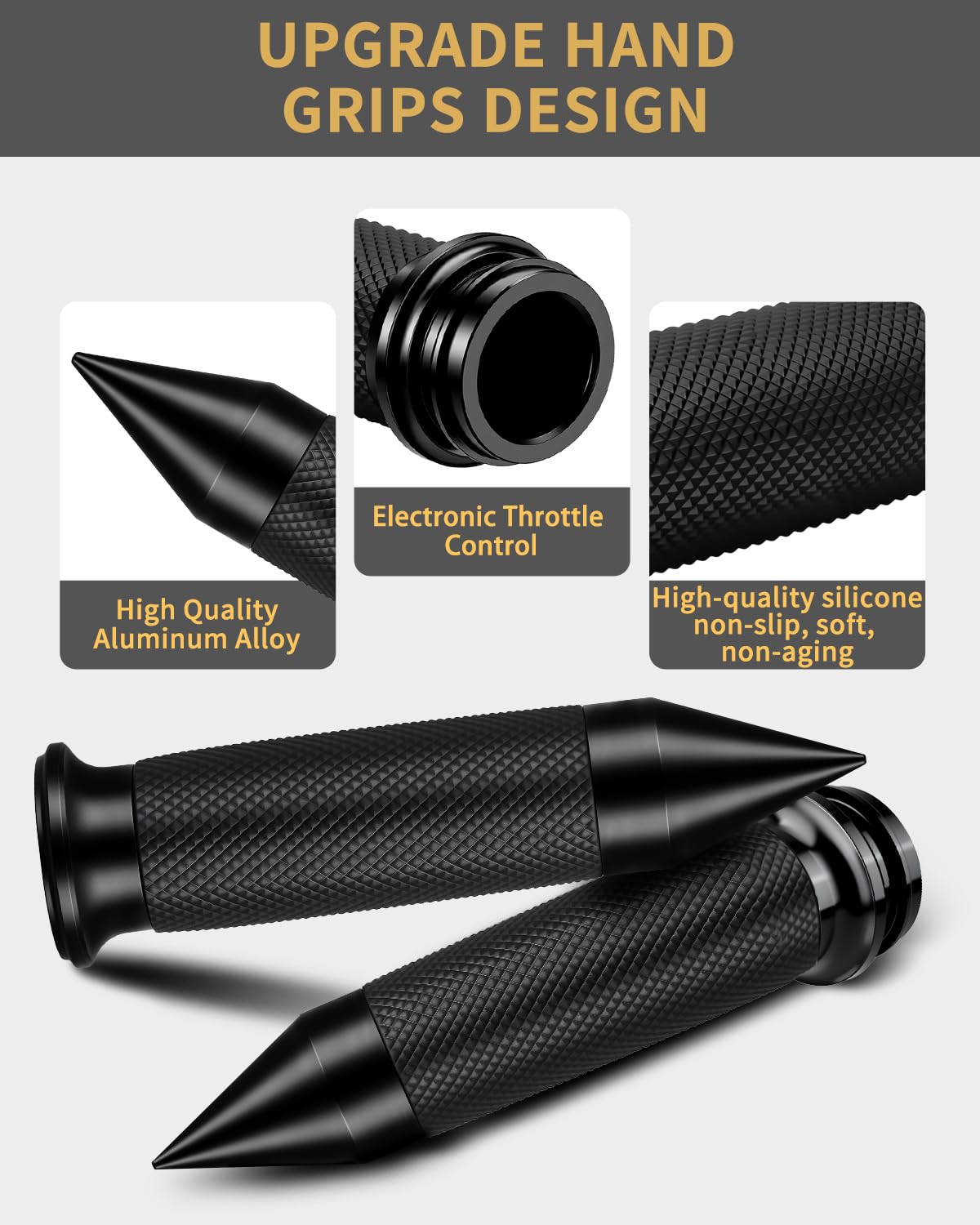 Beyisi motorcycle grips right spike closeup in black finish for durable, corrosion-resistant performance.