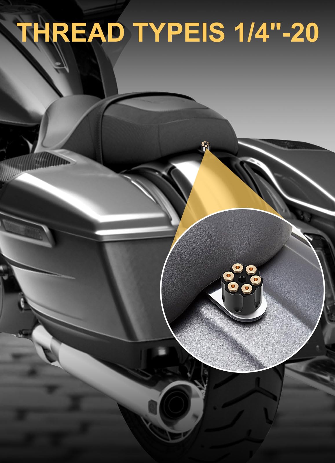 Beyisi rear seat bolt with 1/4-20 threads is Harley-compatible.