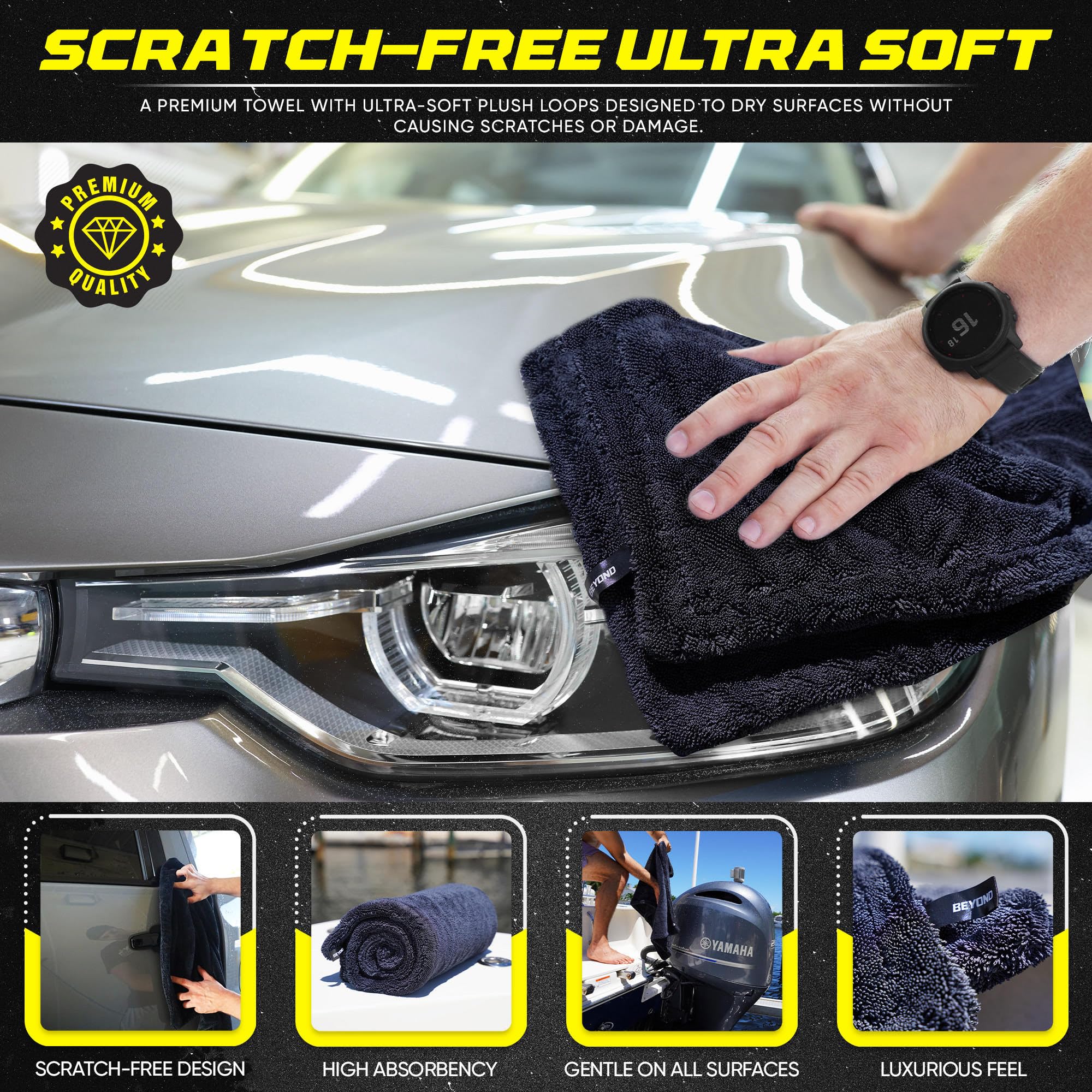Beyond Braid large-coverage drying towel in action across a vehicle panel.