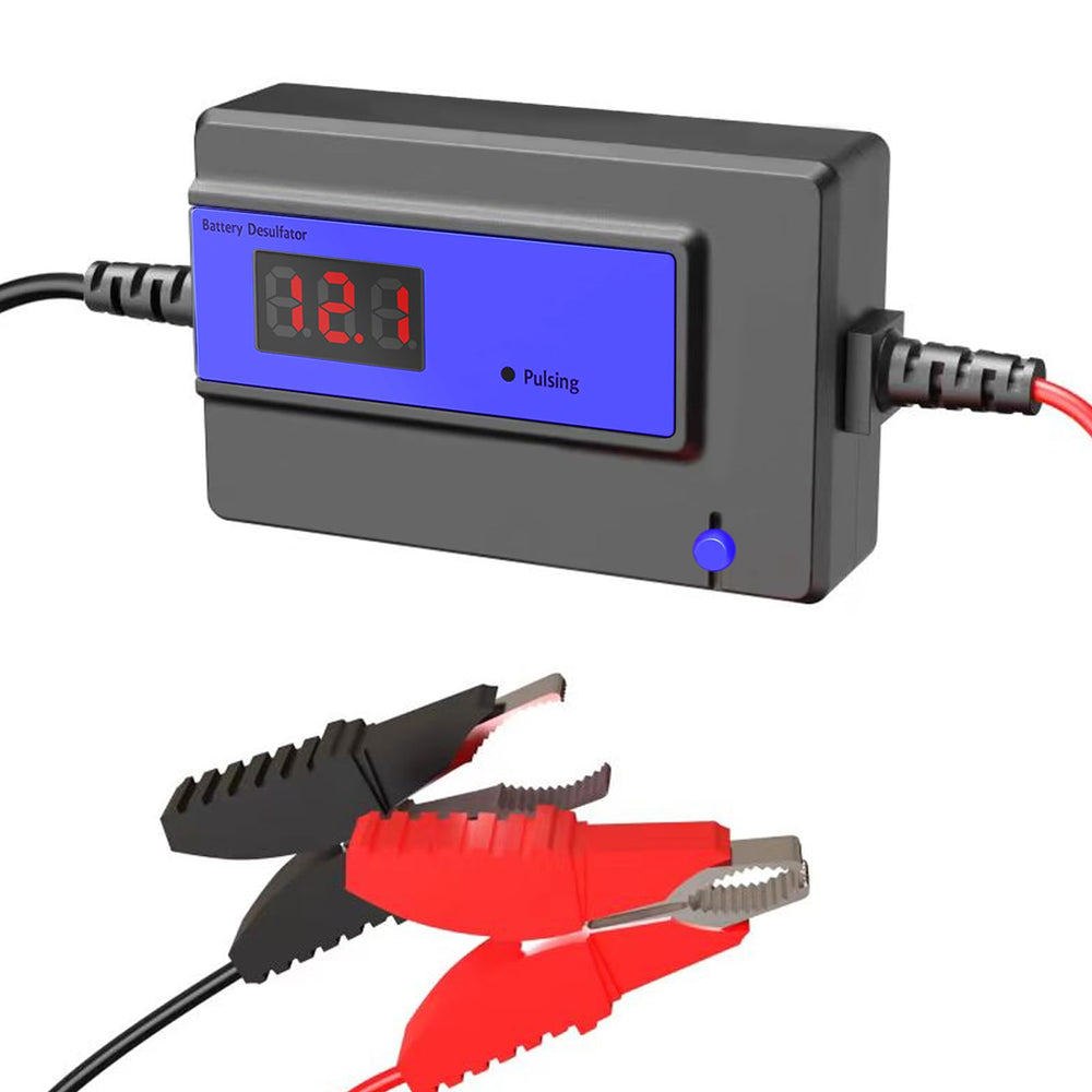 Beyprern Battery Desulfator PL04C-400AH Blue front view showing automated pulses for battery life extension