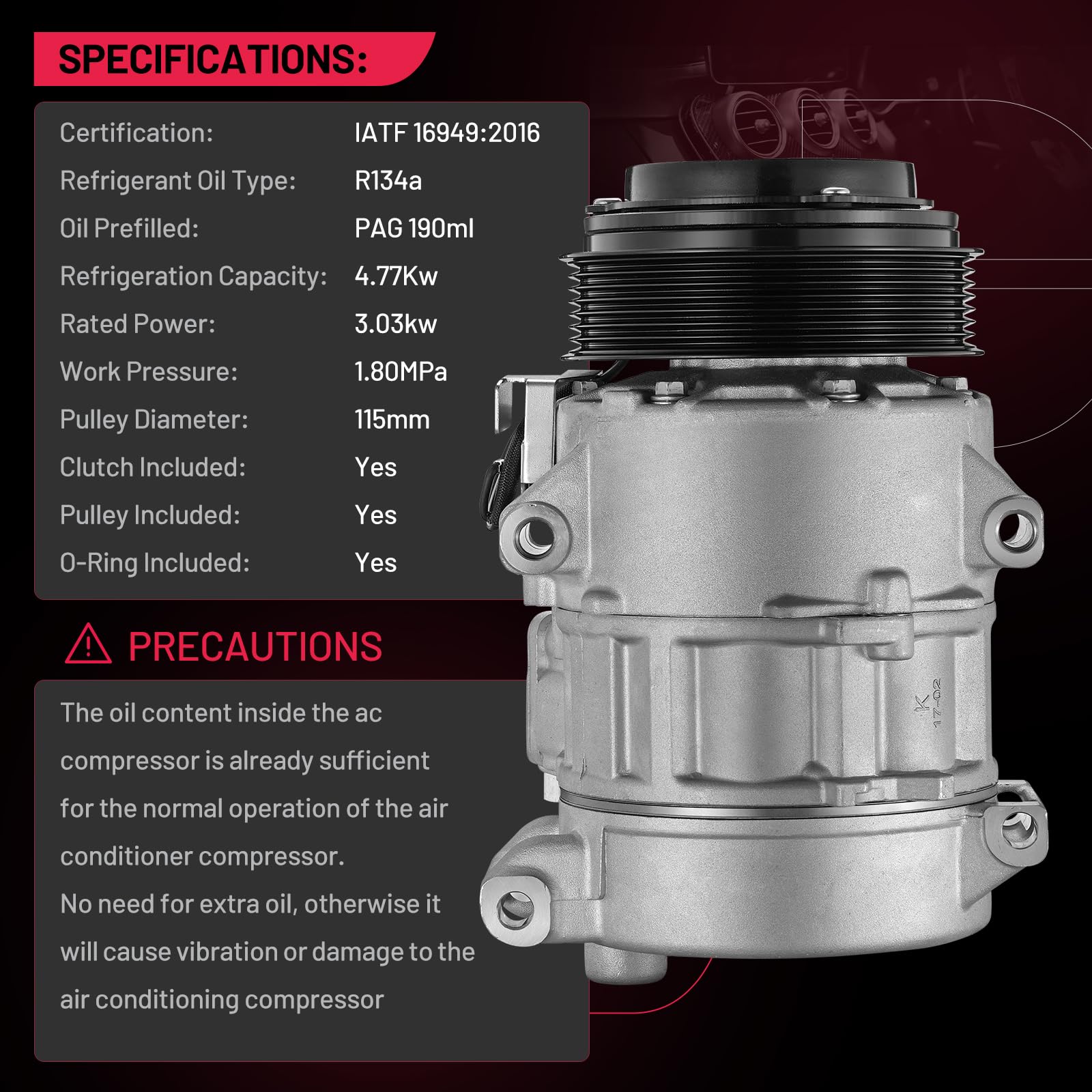 BDFHYK 98315 A/C compressor packaging showing pre-charged PAG oil for quick setup.