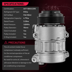 BDFHYK 98315 A/C compressor packaging showing pre-charged PAG oil for quick setup.