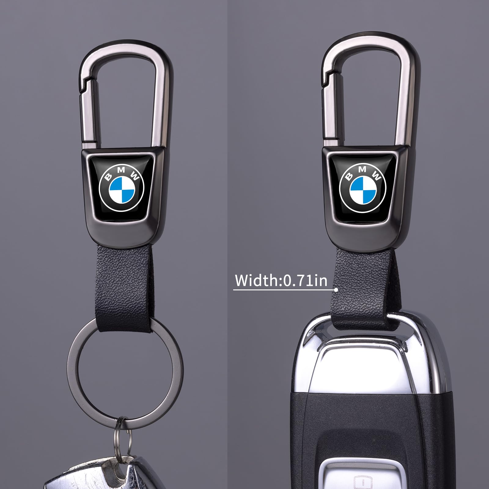 BFIVEANTE leather braided rope keychain being installed on a BMW key.