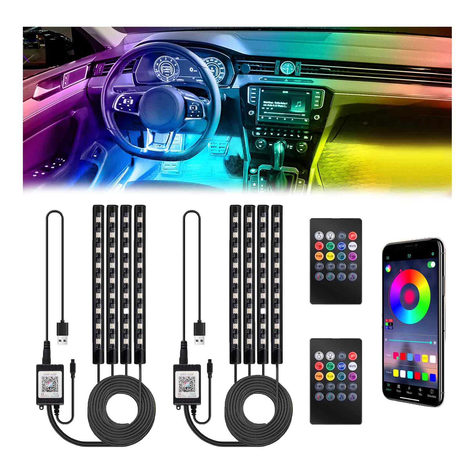 BFXM Car Interior Lights packaging shows easy setup and color options