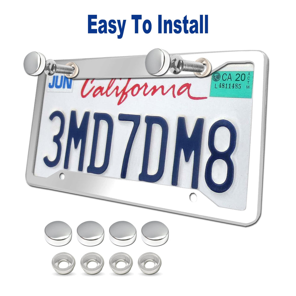 BGGTMO stainless steel license plate frame comes with screws, caps, and mounting hardware.