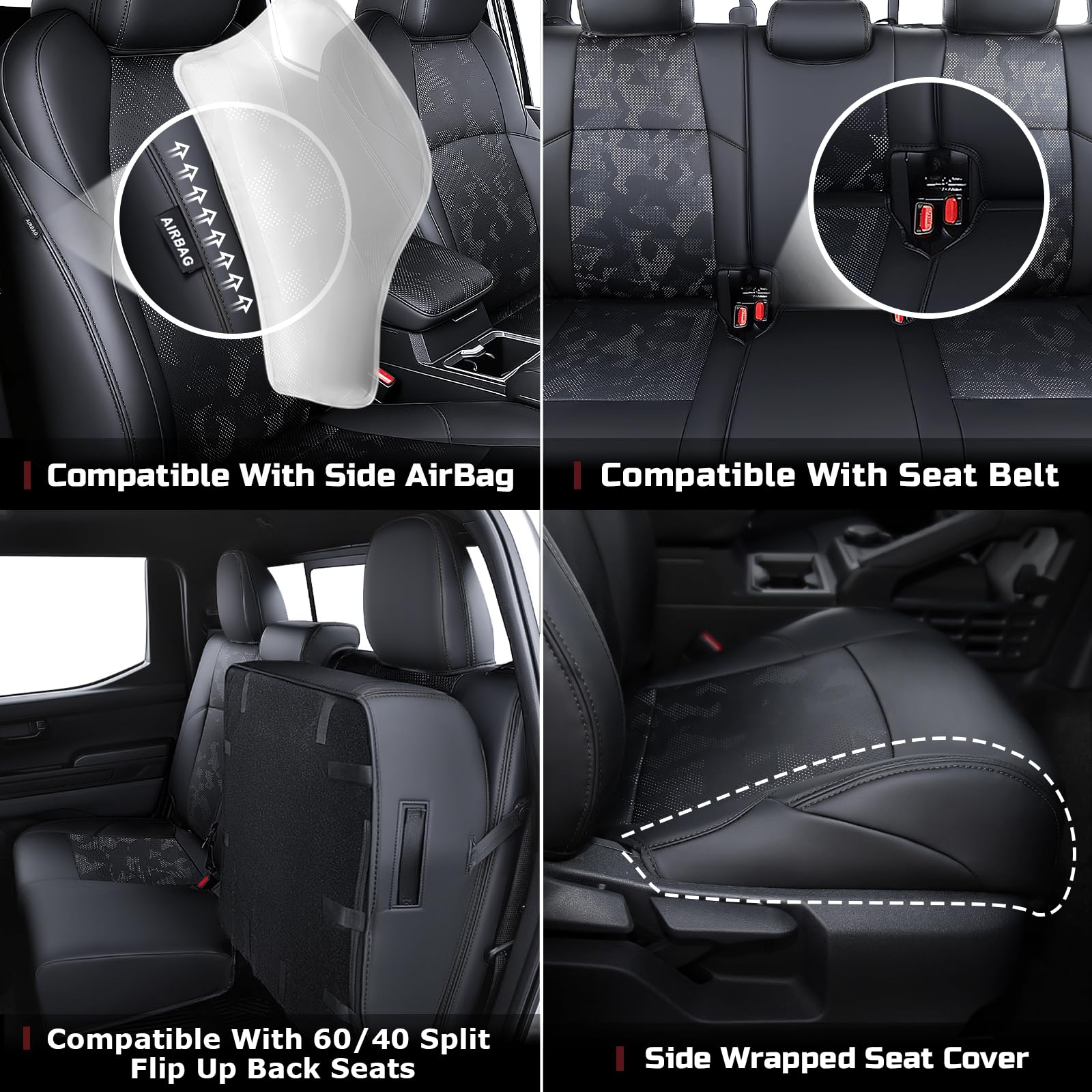 BGUCAR seats designed for safe integration with airbags and seat belts in Tacoma.