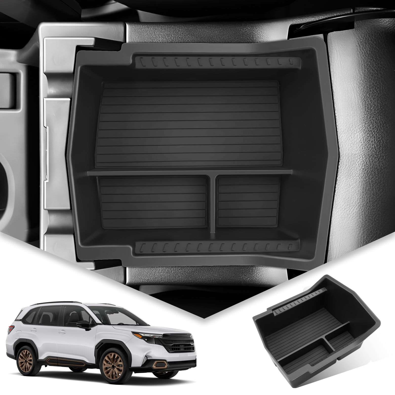 Bibibo Forester center console tray front view shows precise fit and organization