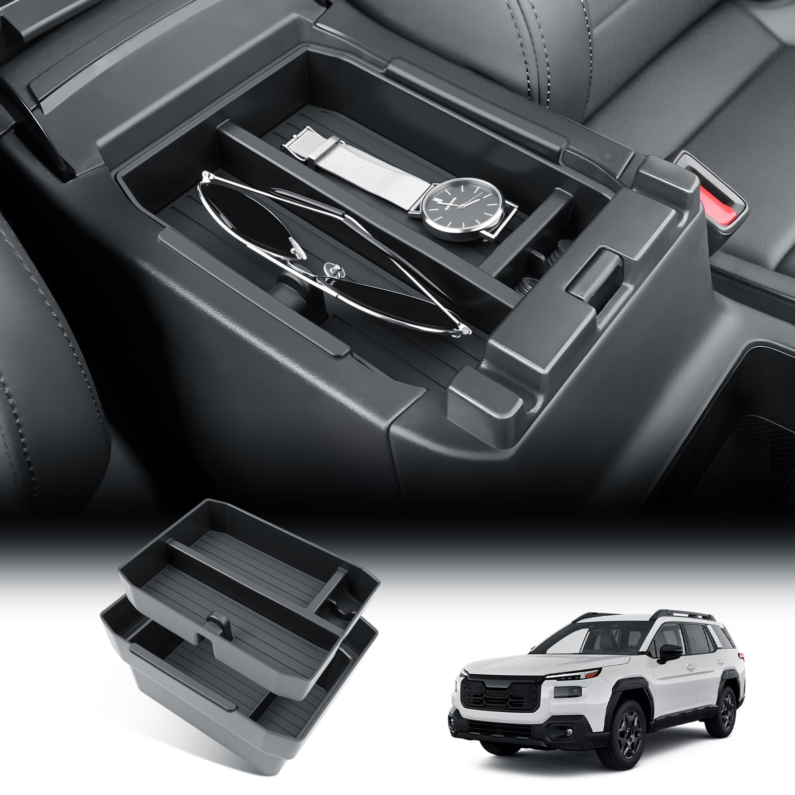 Bibibo Outback center console double-layer tray enhances organization and storage space.