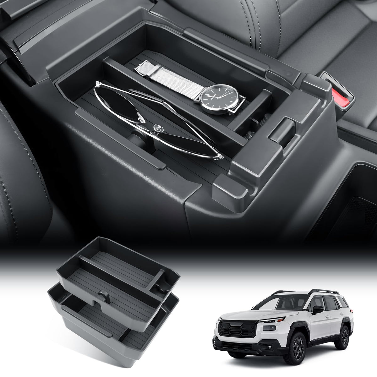 Bibibo Outback center console double-layer tray enhances organization and storage space.