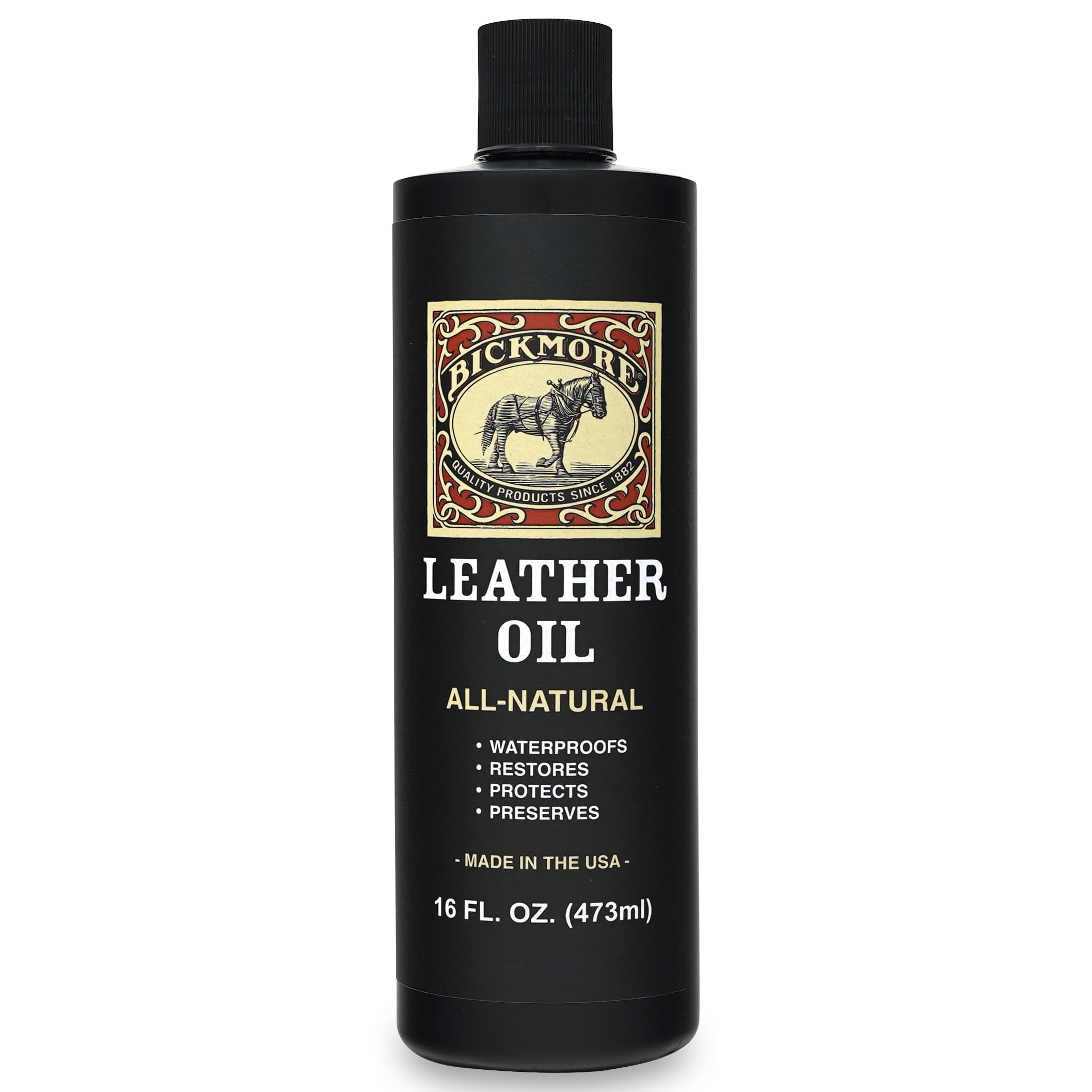 Bickmore Leather Oil bottle close-up showing deep conditioning for leather.