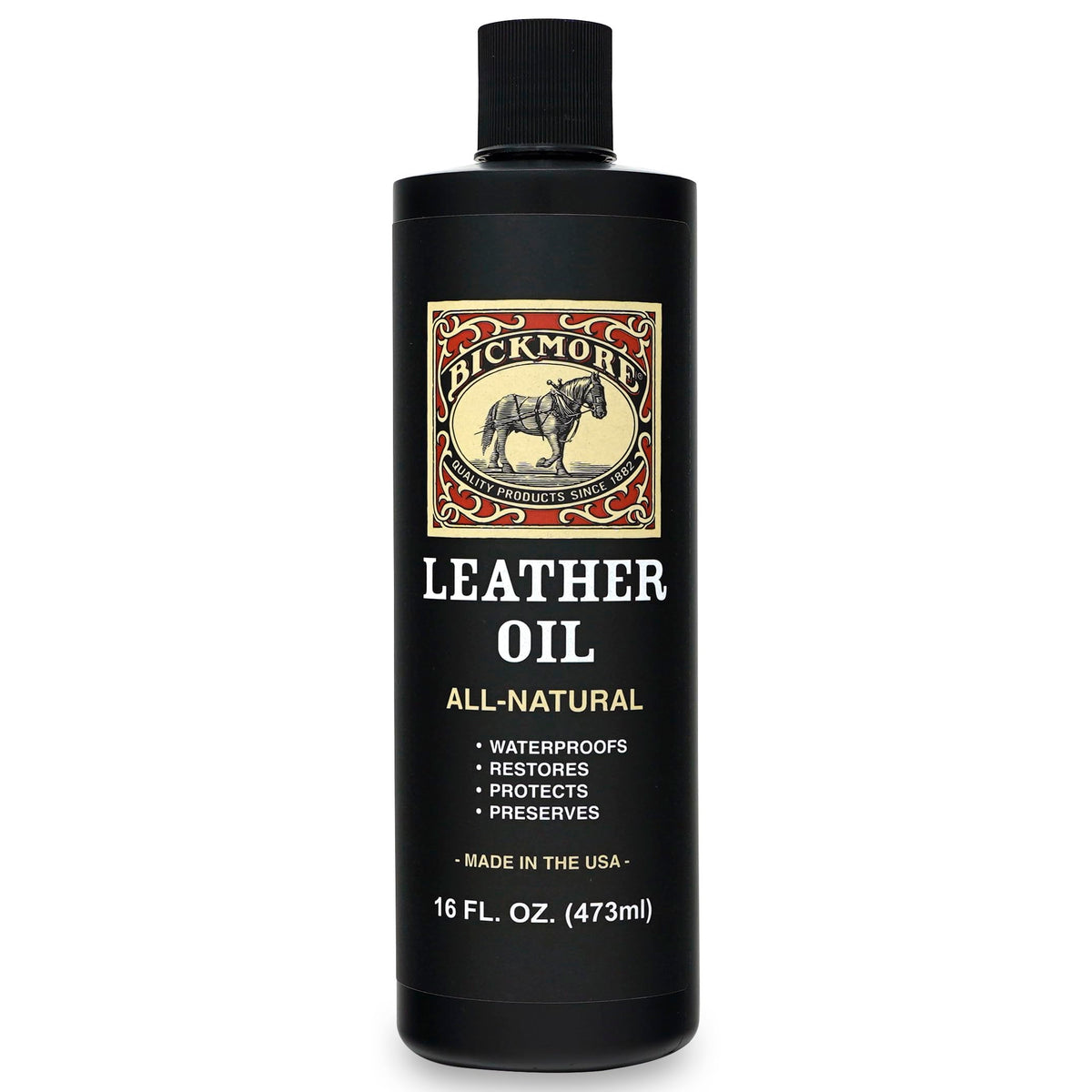 Bickmore Leather Oil bottle close-up showing deep conditioning for leather.