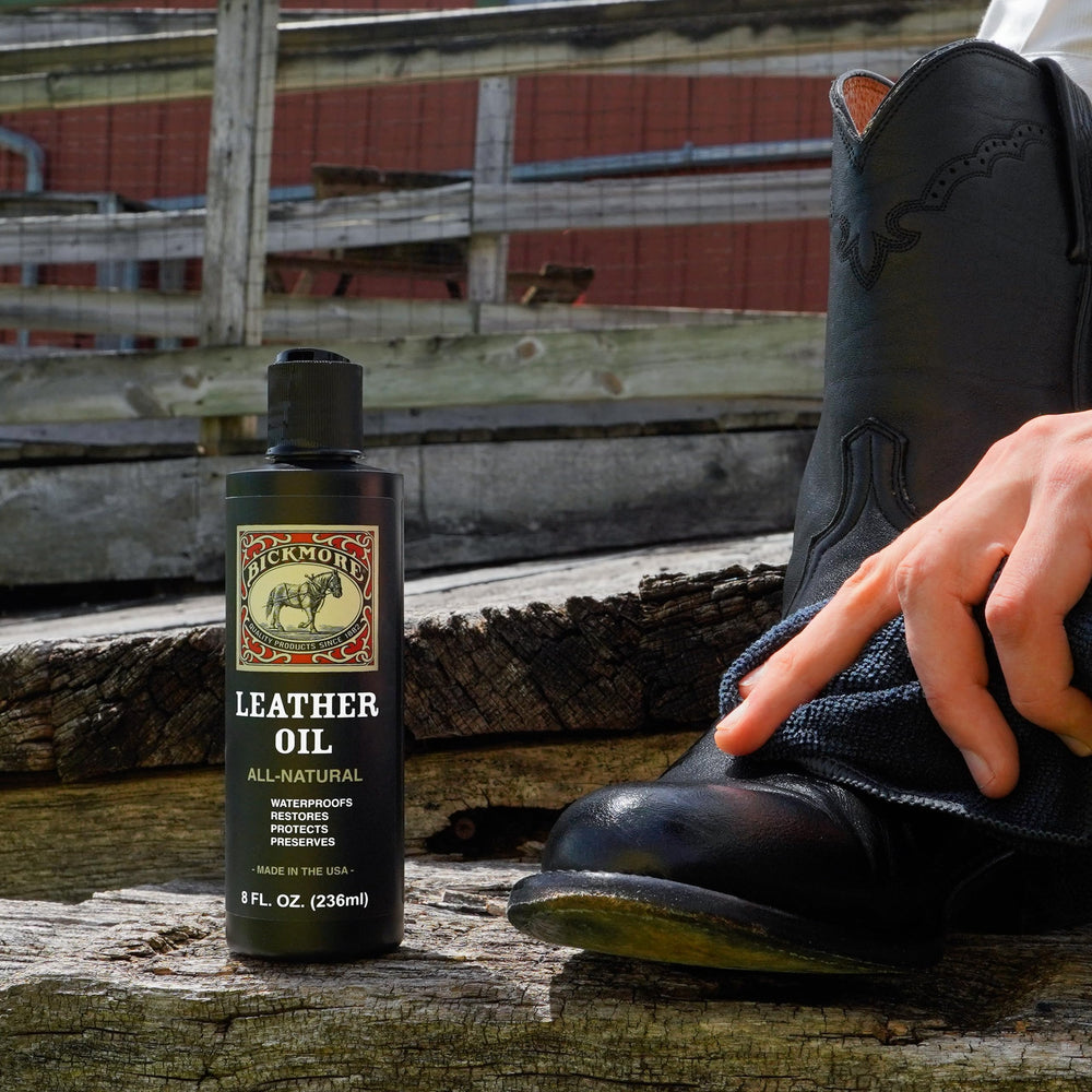 Bickmore Leather Oil label closeup highlights all-natural ingredients for conditioning.