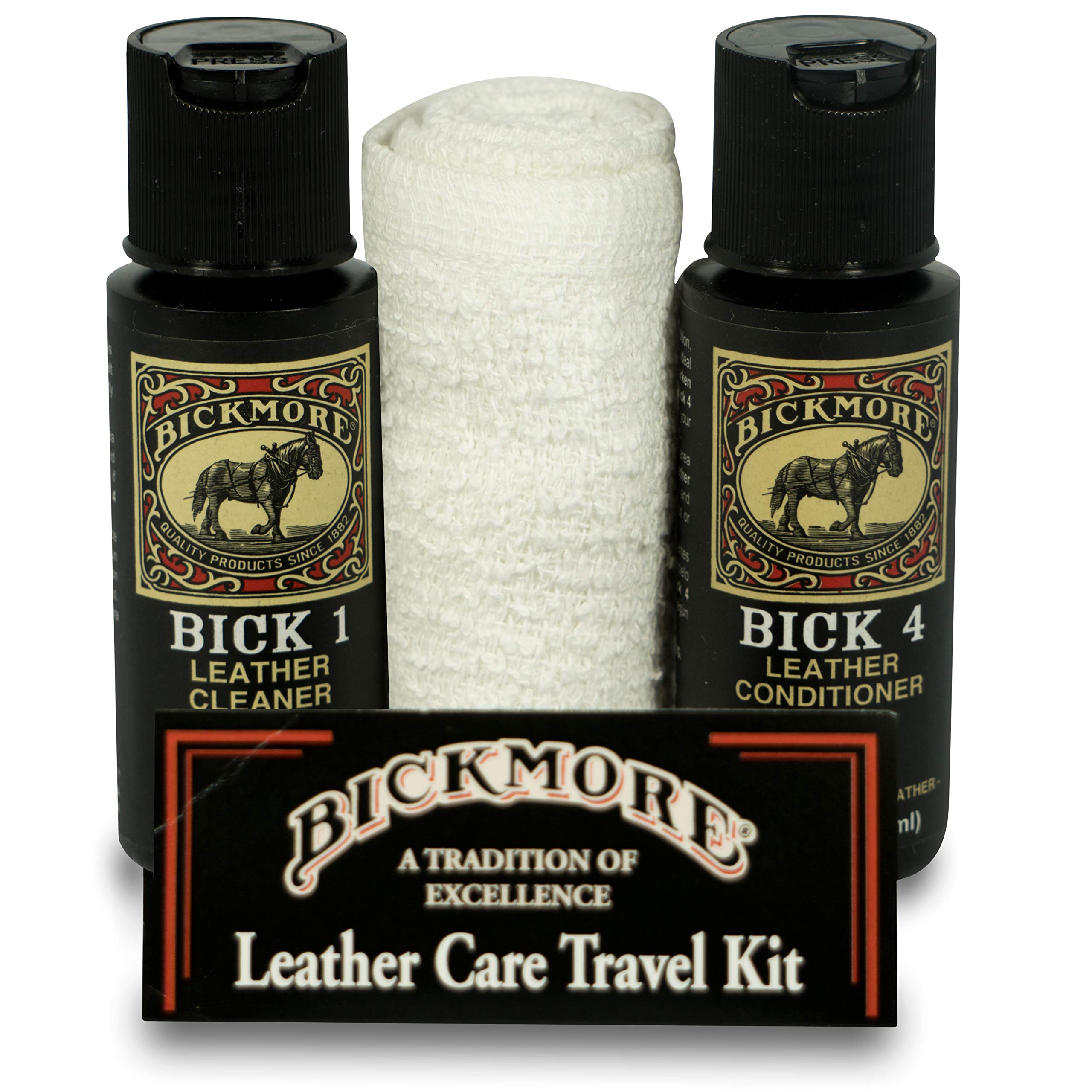 Bickmore Leather Travel Kit with compact bottles for on-the-go care.