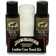 Bickmore Leather Travel Kit with compact bottles for on-the-go care.