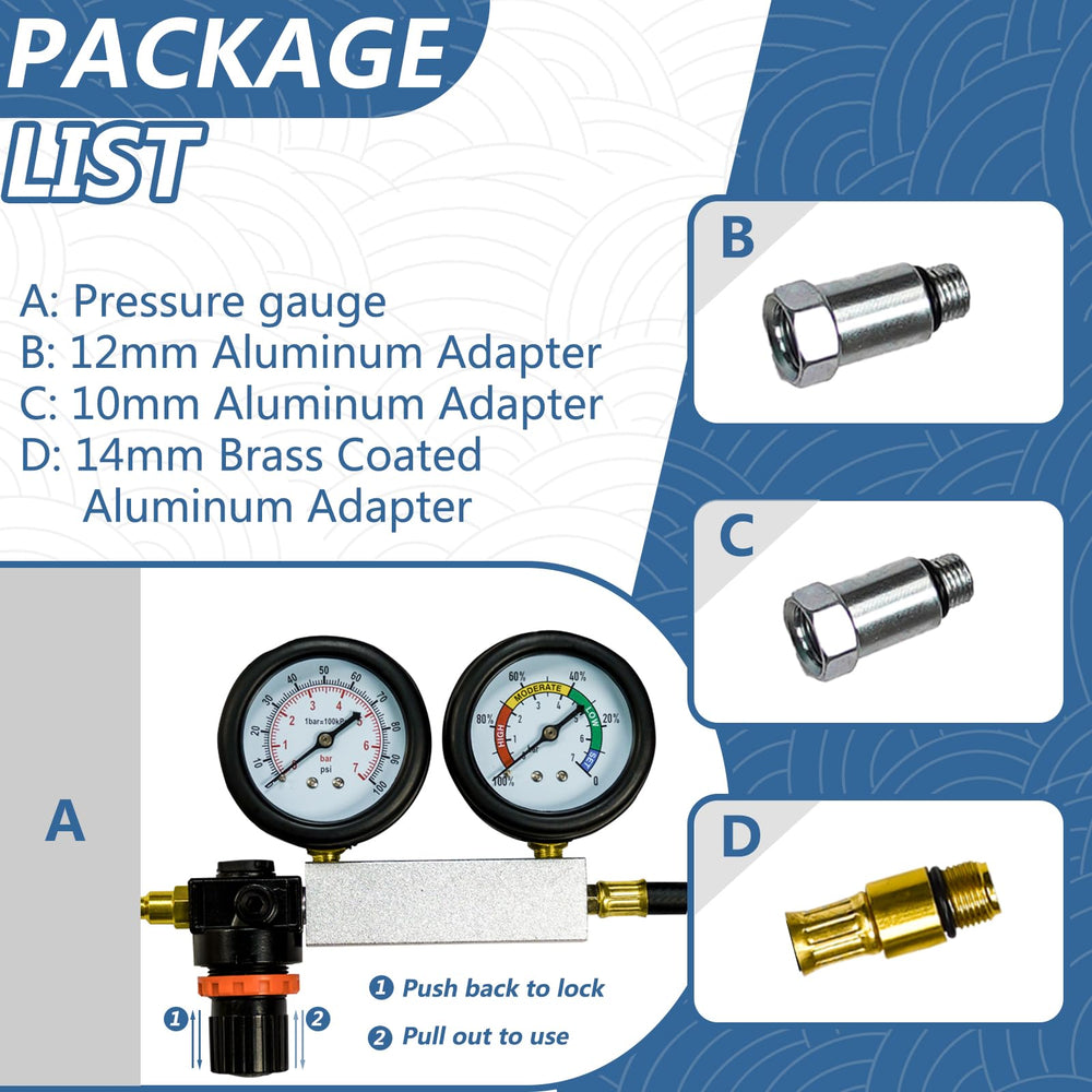 Bicos leak-down tester principle with regulator demonstrates air pressurization