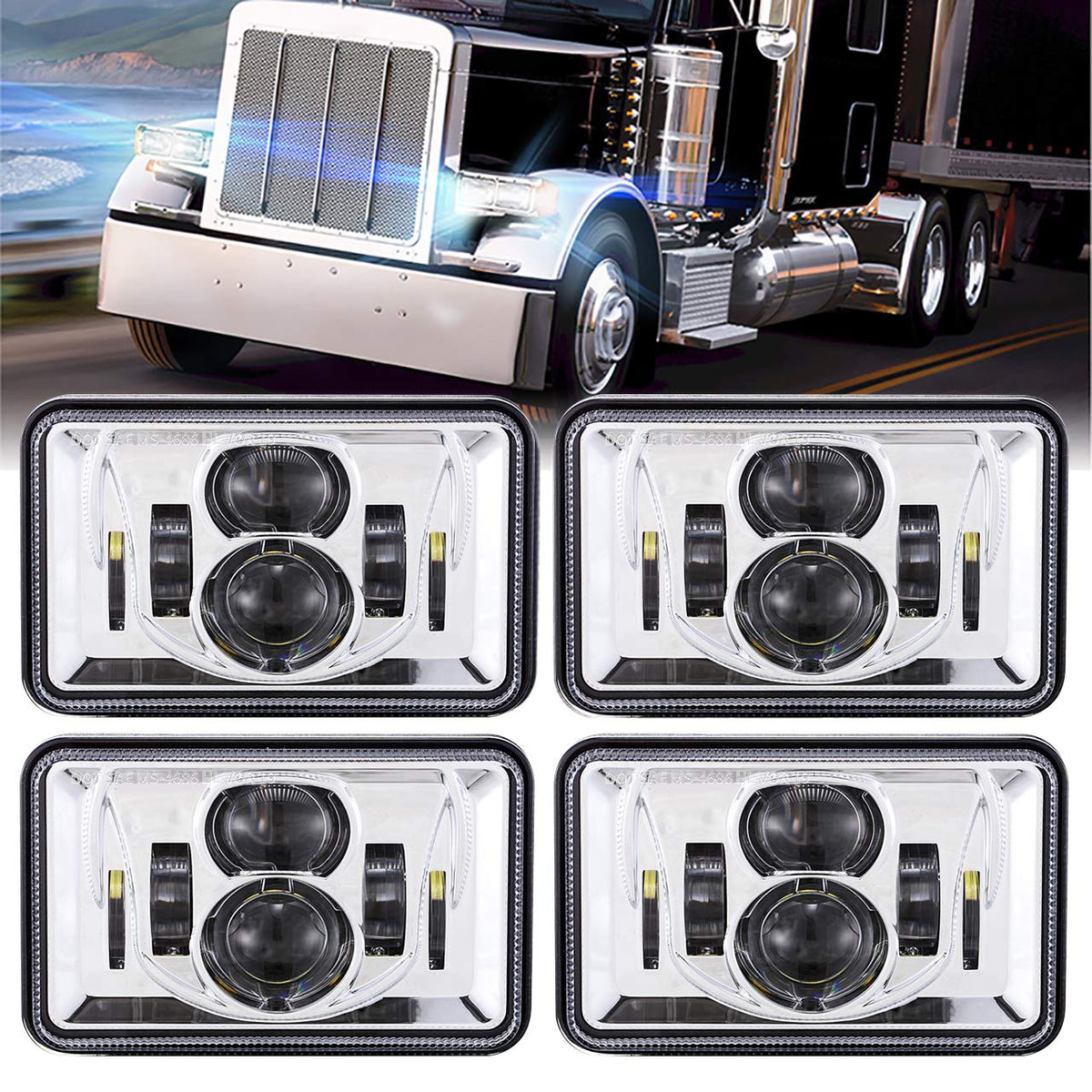 BICYACO 4x6 LED headlights seen from the front with rectangular shape and crisp illumination.