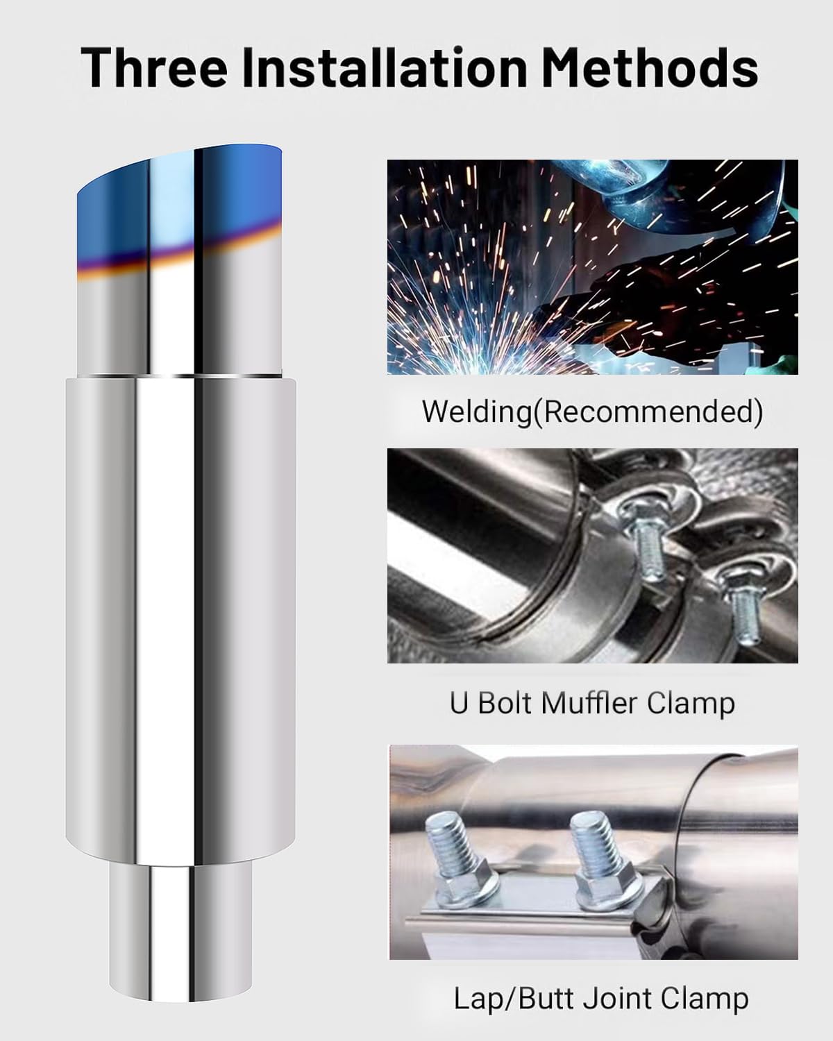 Bielpord muffler shows 2.5in inlet and 3.5in outlet for universal fit.
