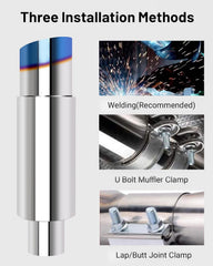 Bielpord muffler shows 2.5in inlet and 3.5in outlet for universal fit.