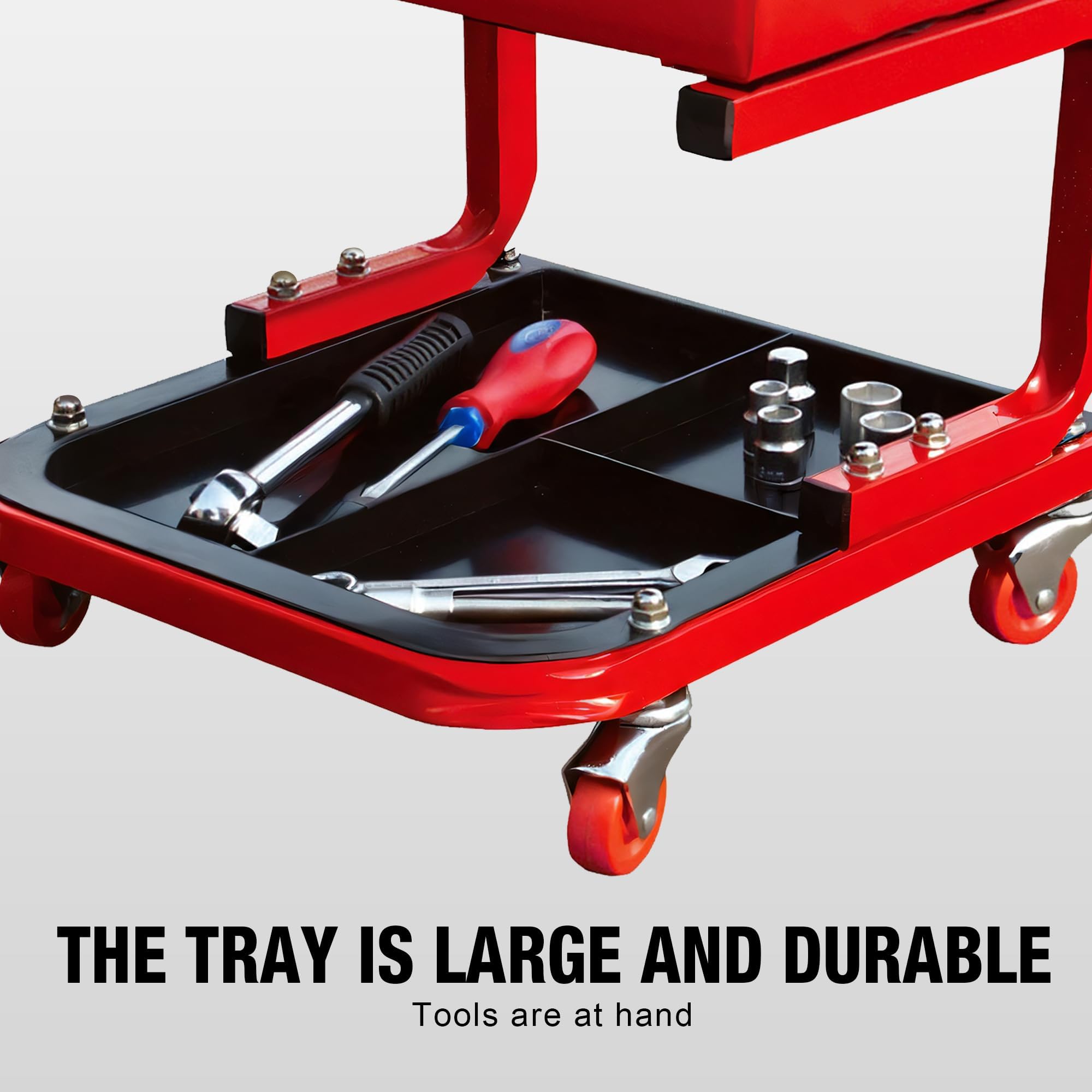 BIG RED creeper seat with rust-resistant finish for workshop durability.