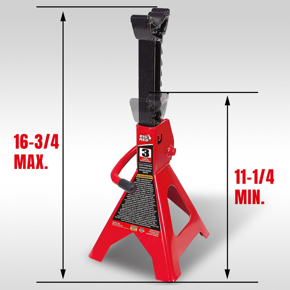 BIG RED jack stands showing ratchet bar for quick height adjustments.
