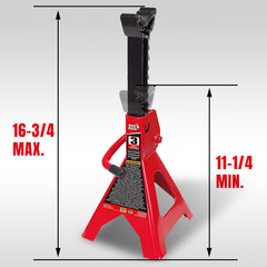 BIG RED jack stands showing ratchet bar for quick height adjustments.