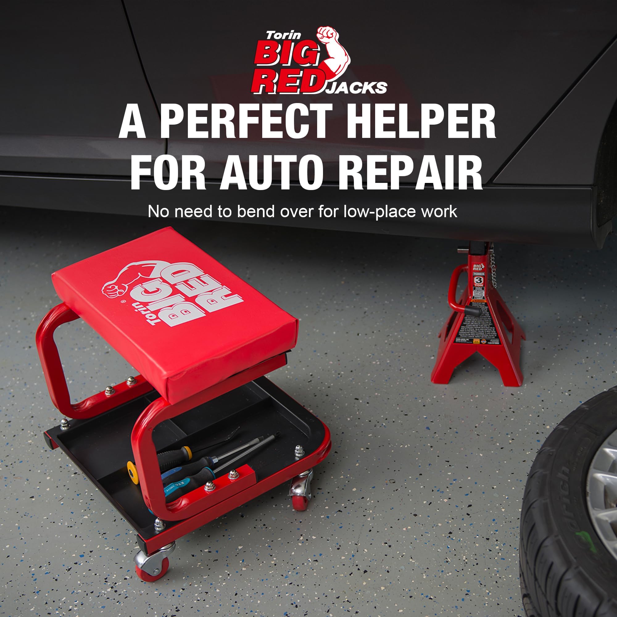 BIG RED creeper seat shows large tool tray for quick access to gear.